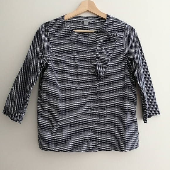 COS Cotton Poplin Ruffle Front Button Blouse Navy White 3/4 Sleeve 34 (XS) - Picture 2 of 16